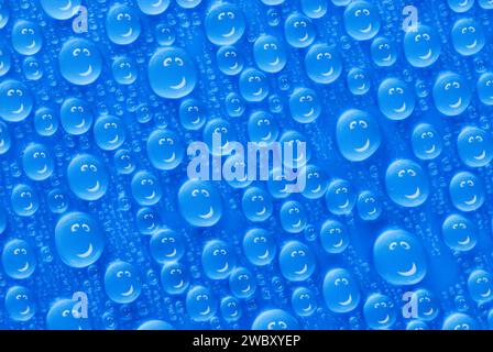 closeup, macro of many water drops, droplets, on a blue surface, background, a smiley face is reflected in every drop Stock Photo