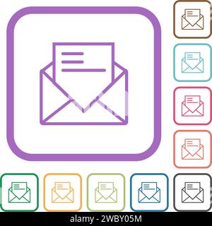 Open mail with letter outline simple icons in color rounded square frames on white background Stock Vector