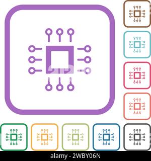 Microchip outline simple icons in color rounded square frames on white background Stock Vector