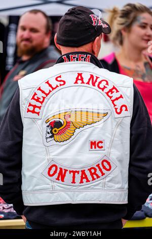 Back of an Ontario Hells Angels Motorcycle Club (HAMC) member biker leather jacket with badge, motorcycle gang, Port Dover, Ontario, Canada Stock Photo