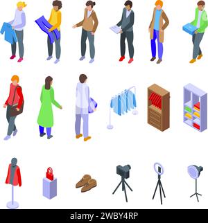 Fashion vlogger icons set isometric vector. Live streaming. Woman dressing camera Stock Vector