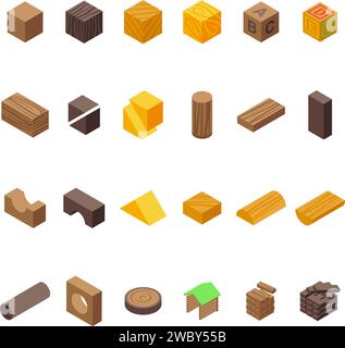 Wood cube block icons set isometric vector. Game education. Pillar arch Stock Vector