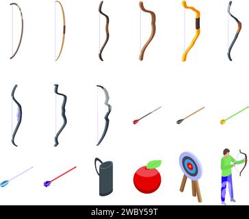 Archery shoot weapon icons set isometric vector. Bow arrow. Game equipment Stock Vector