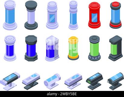 Cryogenic capsule icons set isometric vector. Laboratory equipment. Science lab Stock Vector