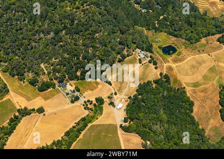 Aerial view of terraced rows of plants in farm fields, vineyards, and the agricultural towns of norther California Stock Photo