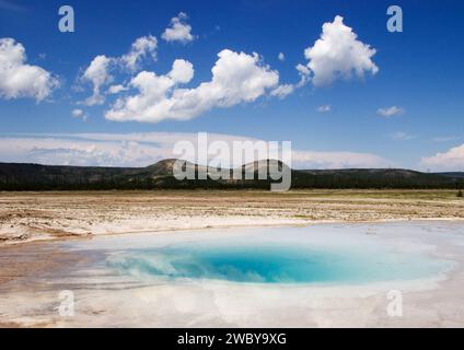 Steam rising from various geysers in the Upper Geyser Basin in Yellowstone National Park, USA Stock Photo