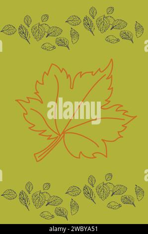 A minimal drawing of a large central leaf with smaller leaves at the borders  with a light green background, fall leaf wallpaper, autumn leaves. Stock Vector