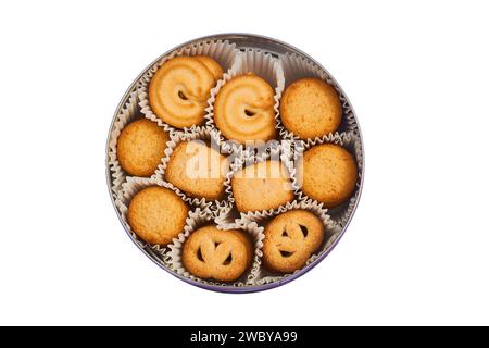 Traditional Danish cookies in a circular metal box Stock Photo
