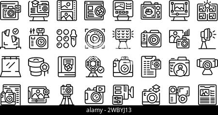 Photography courses icons set outline vector. Class woman. People art school Stock Vector