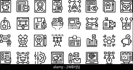 Branding icons set outline vector. Company development. Product reputation Stock Vector