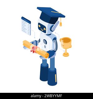 Flat 3d Isometric AI Robot with Graduation Cap and Diploma. Artificial Intelligence AI and Machine Learning Concept. Stock Vector