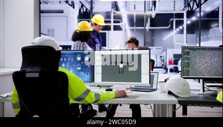 Engineer Doing 3D CAD Model Design On Computer At Factory Stock Photo