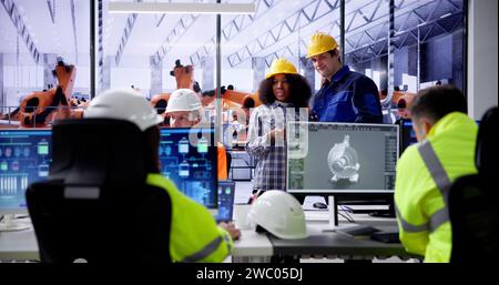 Engineer Doing 3D CAD Model Design On Computer At Factory Stock Photo