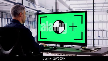 Business Man Using Desktop With Green Screen Stock Photo