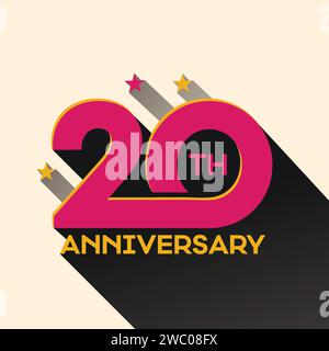 20 years anniversary logo design. 20 Th birthday celebrating banner, poster, greeting card. Number twenty with long shadow template design. Stock Vector