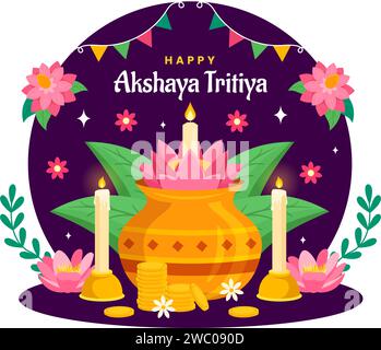Akshaya Tritiya Festival Vector Illustration with a Golden Kalash, Candle, Pot and Gold Coins for Dhanteras Celebration in Traditional Hindu Holiday Stock Vector