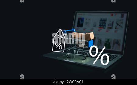 Shopping concept. Paper boxes in blue shopping cart with sale price tag on white background. online shopping consumers can shop from home and delivery Stock Photo