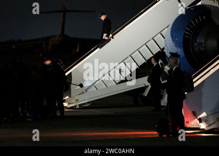 Washington, United States. 12th Jan, 2024. US President Joe Biden disembarks Air Force One at Joint Base Andrews in Maryland, US, on Friday, Jan. 12, 2024. Biden said he believes Yemen-based Houthi rebels that have attacked Red Sea shipping are a terrorist organization, though he didn't think officially designating the group as such would make a difference. Photo by Ting Shen/Pool/ABACAPRESS.COM Credit: Abaca Press/Alamy Live News Stock Photo