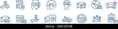 Set of car rent icons. Call centre support, car locations, calendar and card payment. Pixel perfect, editable stroke Stock Vector