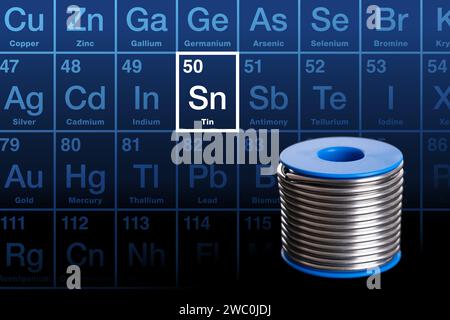 Spool of soft solder wire, and element tin on the periodic table. A soft metal, easy to bend and to cut. Tin is a chemical element with Symbol Sn. Stock Photo