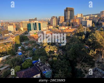 Addis Abeba, Ethiopia - January 9 2023: Aerial overview of Addis Abeba city, the capital of Ethiopia, showing brand new buildings and construction sit Stock Photo