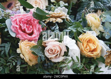 red, yellow and pink rose covered with hoarfrost on a grave in a cemetery in winter Stock Photo