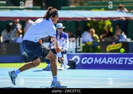 Melbourne, Australia. 11th Jan, 2024. Zhang Zhizhen of China seen in action during the last match of Day 2 of the Care Wellness Kooyong Classic Tennis Tournament against Max Purcell (not pictured) of Australia at Kooyong Lawn Tennis Club. Zhang Zhizhen defeated Australian Max Purcell 7-6, 4-7 (10-7) Credit: SOPA Images Limited/Alamy Live News Stock Photo