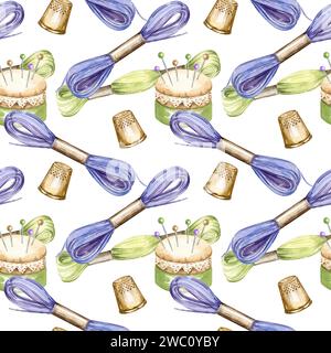 watercolor seamless pattern of embroidery theme, hand drawn sketch of handiwork with flosses, yarn, pins, thimble, pincushion, embroidery tools, skein Stock Photo