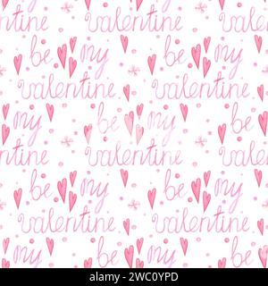 Hand drawn watercolor valentine seamless pattern with hearts and text isolated on white background. Can be used for textile, fabric, wrapping paper an Stock Photo
