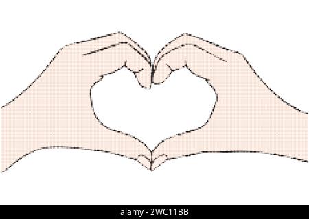 Hands making or formatting a heart symbol. Retro style. Collage element with hands. Vintage Halftone Vectors illustration Stock Vector