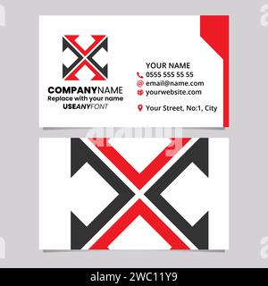Red and Black Business Card Template with Arrow Square Shaped Letter X Logo Icon Over a Light Grey Background Stock Vector