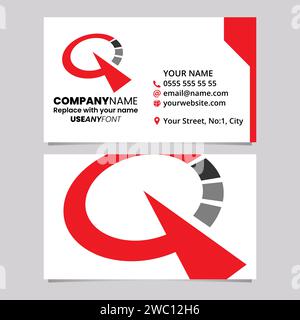 Red and Black Business Card Template with Clock Shaped Letter Q Logo Icon Over a Light Grey Background Stock Vector