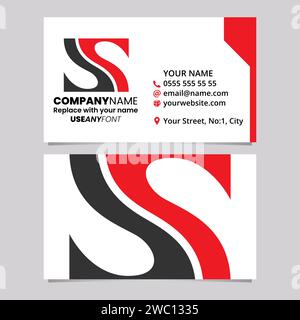 Red and Black Business Card Template with Fish Fin Shaped Letter S Logo Icon Over a Light Grey Background Stock Vector