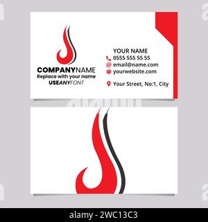 Red and Black Business Card Template with Hook Shaped Letter J Logo Icon Over a Light Grey Background Stock Vector