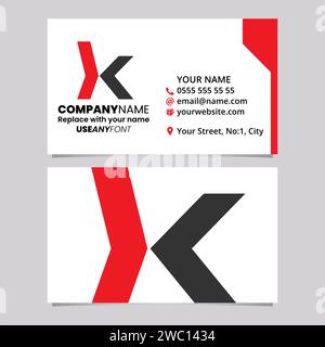Red and Black Business Card Template with Lowercase Arrow Shaped Letter K Logo Icon Over a Light Grey Background Stock Vector