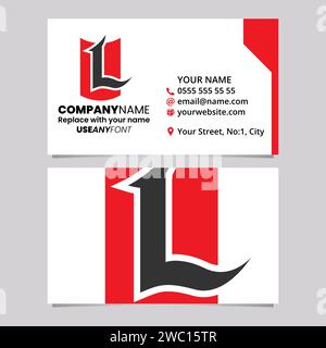 Red and Black Business Card Template with Shield Shaped Letter L Logo Icon Over a Light Grey Background Stock Vector