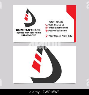 Red and Black Business Card Template with Striped Letter D Logo Icon Over a Light Grey Background Stock Vector