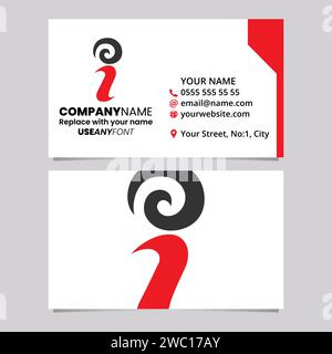 Red and Black Business Card Template with Swirly Letter I Logo Icon Over a Light Grey Background Stock Vector