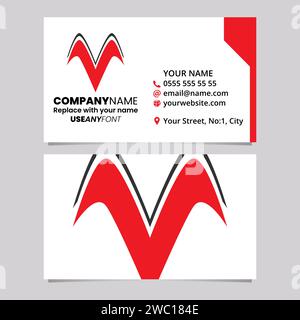 Red and Black Business Card Template with Wing Shaped Letter V Logo Icon Over a Light Grey Background Stock Vector