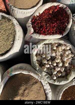 bulk spice in plastic bags at a market in Ethiopia. Stock Photo
