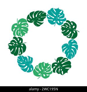 Monstera silhouette green leaves circle wreath, floral boarder for card or invite. Vector tropical jungle leaves modern background Stock Vector