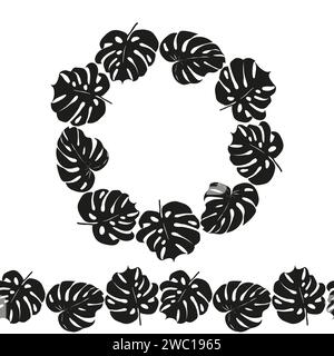 Monstera silhouette green leaves circle wreath, floral boarder for card or invite, floral seamless boarder garland for fabric textile. Vector tropical Stock Vector