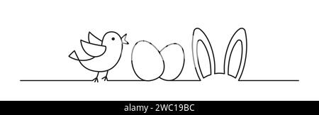 Doodle Easter bunny ears, chcken eggs and chick scribble banner hand drawn with thin line, divider shape. Isolated on white background. Vector illustr Stock Vector