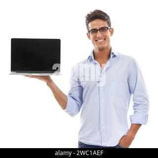 Business man, laptop screen and portrait in studio for presentation, information technology solution or software update. Professional worker on Stock Photo