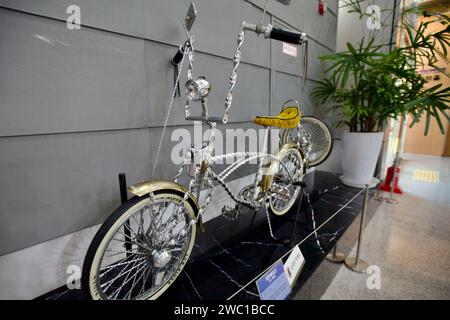 Sangju City, South Korea - March 9th, 2017: Inside the Sangju Bicycle Museum, an artistic bicycle display features bicycles with high handlebars, twis Stock Photo