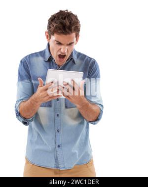 Tablet, news and shocked man shouting in studio for hacker notification, scam or cyber security fail on white background. Digital, problem and model Stock Photo