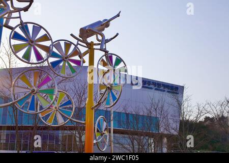 Sangju City, South Korea - March 9, 2017: Artistic sculptures adorning the vicinity of Sangju Bicycle Museum, showcasing a blend of cultural art and c Stock Photo