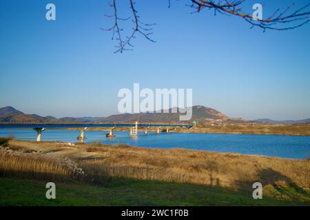 Sangju City, South Korea - November 18th, 2023: A picturesque view of Sangpung Bridge spanning the Nakdong River, framed by drooping branches in the f Stock Photo