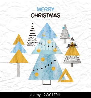 Merry Christmas card design. Stylized blue and golden Christmas trees. Vector holiday illustration Stock Vector