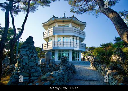 Sangju City, South Korea - November 18th, 2023: The three-story octagonal observatory at the summit of Gyeongcheondae Terrace stands majestically, fea Stock Photo